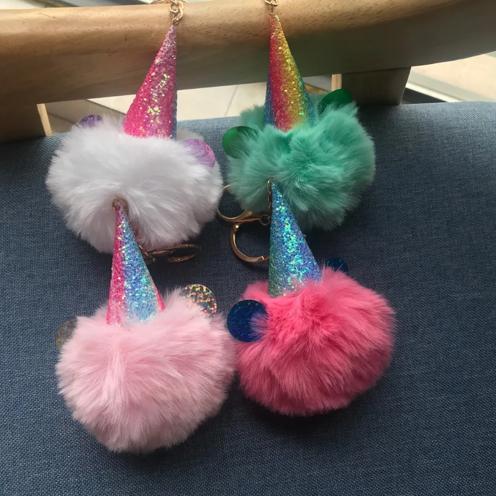 

2019 unique color key ring cute unicorn pompom hair ball keychain imitation rabbit keychains fur ball fashion girl bag gifts