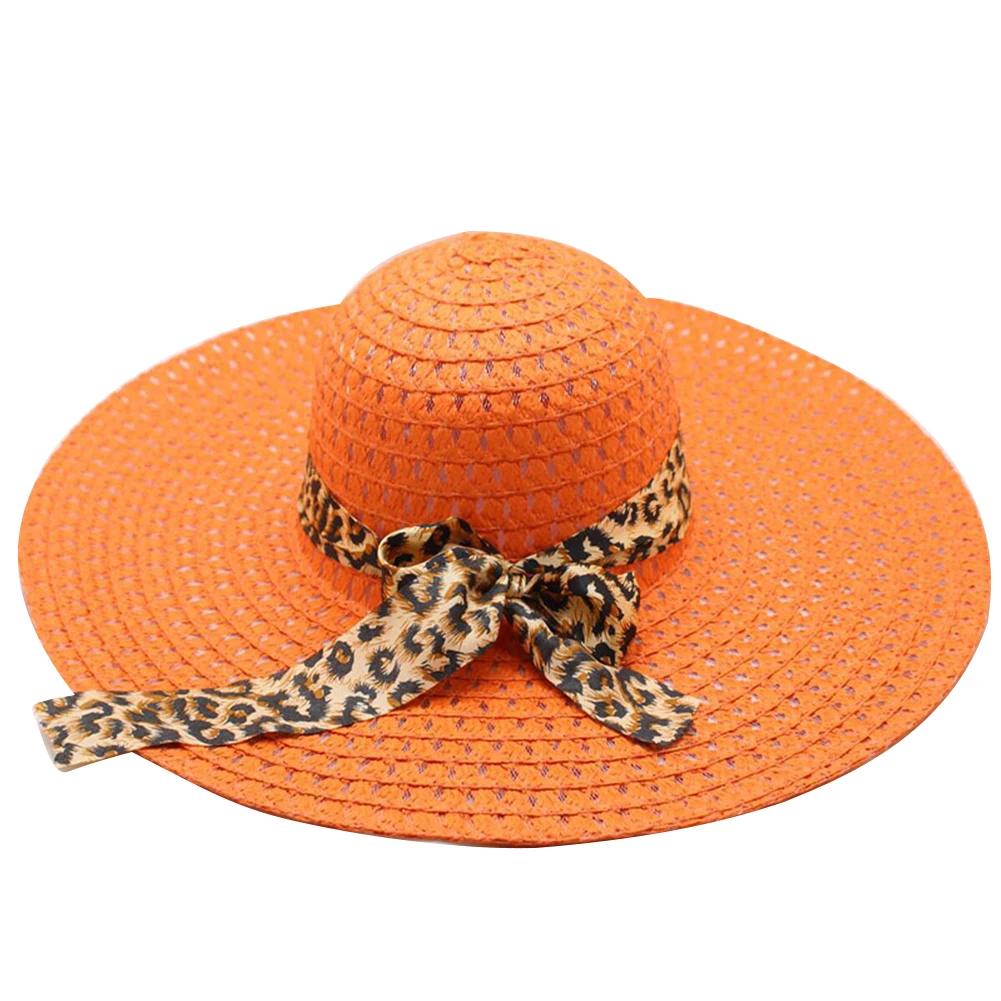 Женская Солнцезащитная шляпа для путешествий с леопардовым принтом и широкими полями, летняя женская соломенная шляпа-котелок, Модная Складная пляжная шляпа - Цвет: Оранжевый
