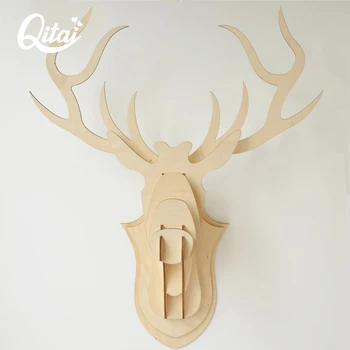 

QITAI Big Stag deer head home decoration accessories Wooden Veneer DIY scrapbooking crafrs Handmade WF108