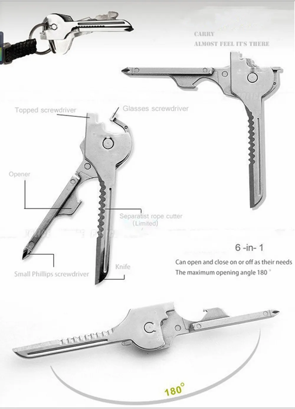 1pcs Stainless Steel 6 In 1 Multi Tool Keychain Utiliity Camping Swiss Pocket Survival Knife