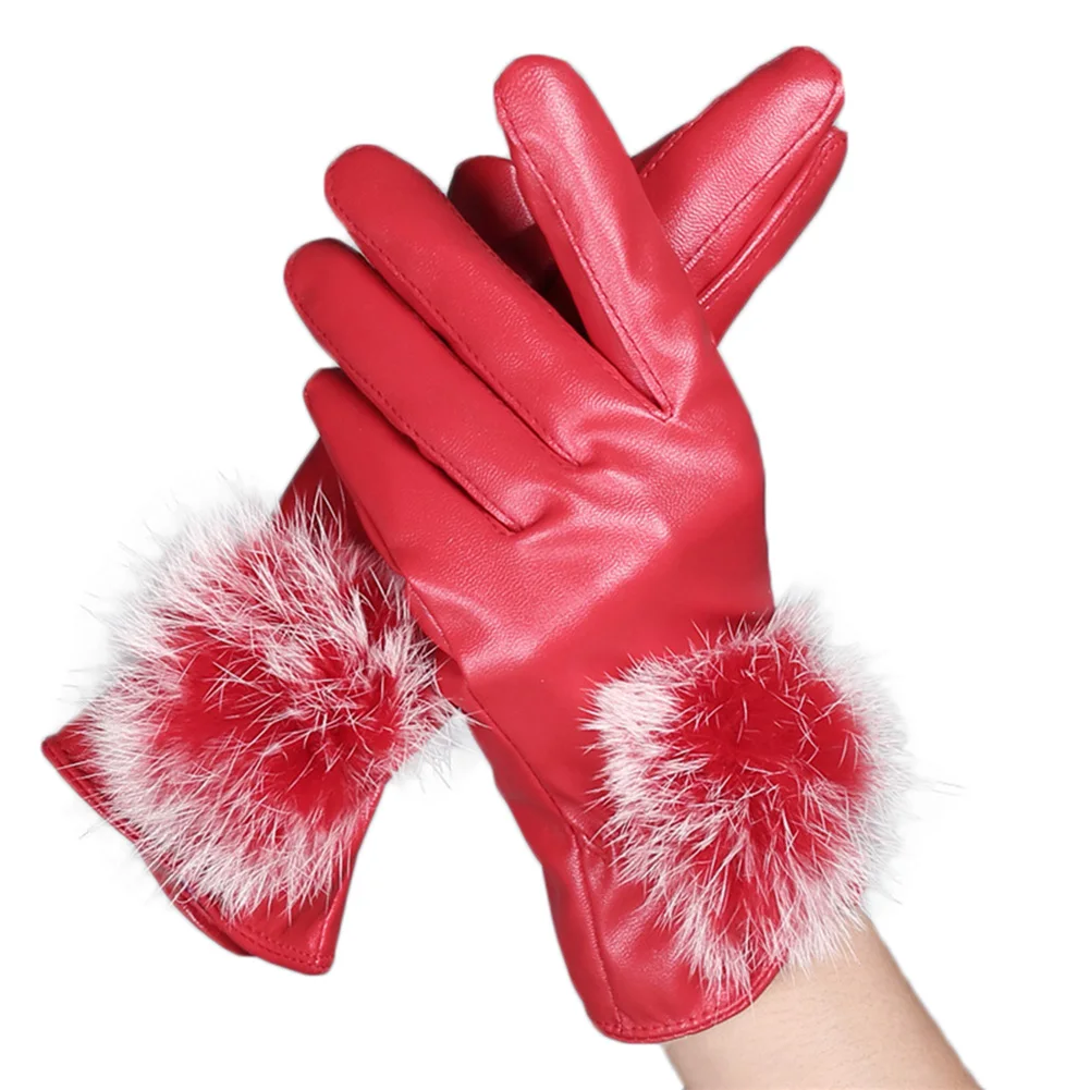 Женские кожаные перчатки для женщин с мехом кролика зимние перчатки непромокаемые варежки элегантные женские зимние перчатки guantes mujer - Цвет: Красный