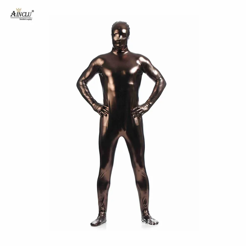 Ainclu цельнокроеный коричневый клей металлик Zentai для хеллоуина Блестящий спандекс