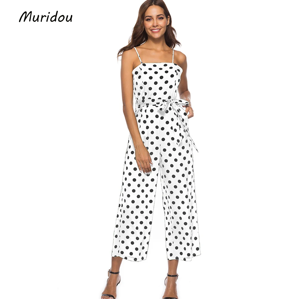 Spaghetti Strap Belt Polka Dot Sleeveless Jumpsuits