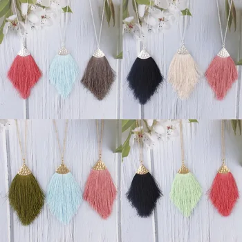 

31.0 inches BOHO Style Dainty Feather Tip Silk Tassel Long Chain Pendant Necklaces for Women Mother's Day Mom Gift Chic Jewelry