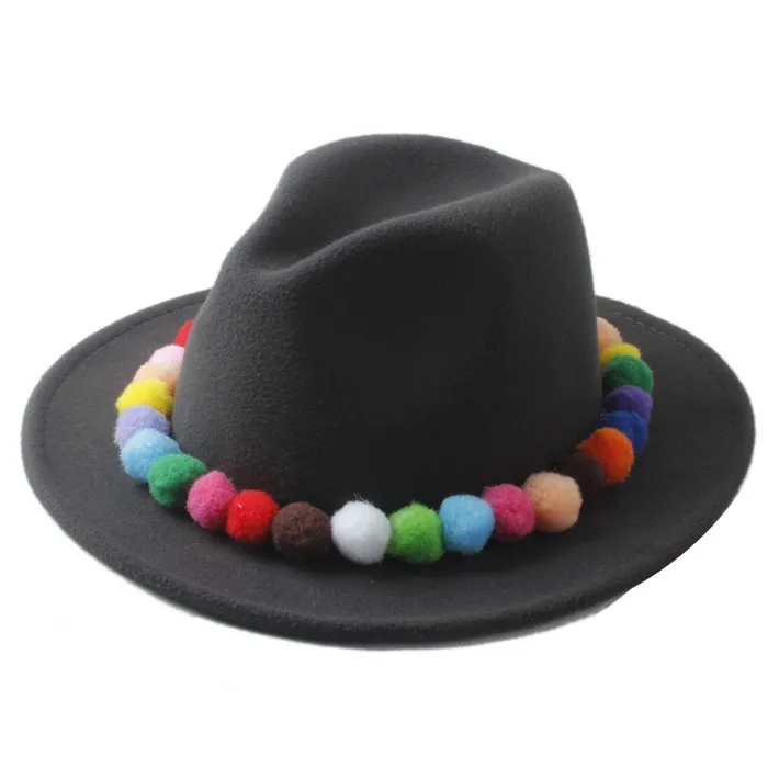 Новая модная женская шерстяная фетровая шляпа-федора с милыми цветными шариками, Дамская Гангстерская кепка, шапка, Панамы, шляпы тока сомбреро, Кепка - Цвет: Dark Grey