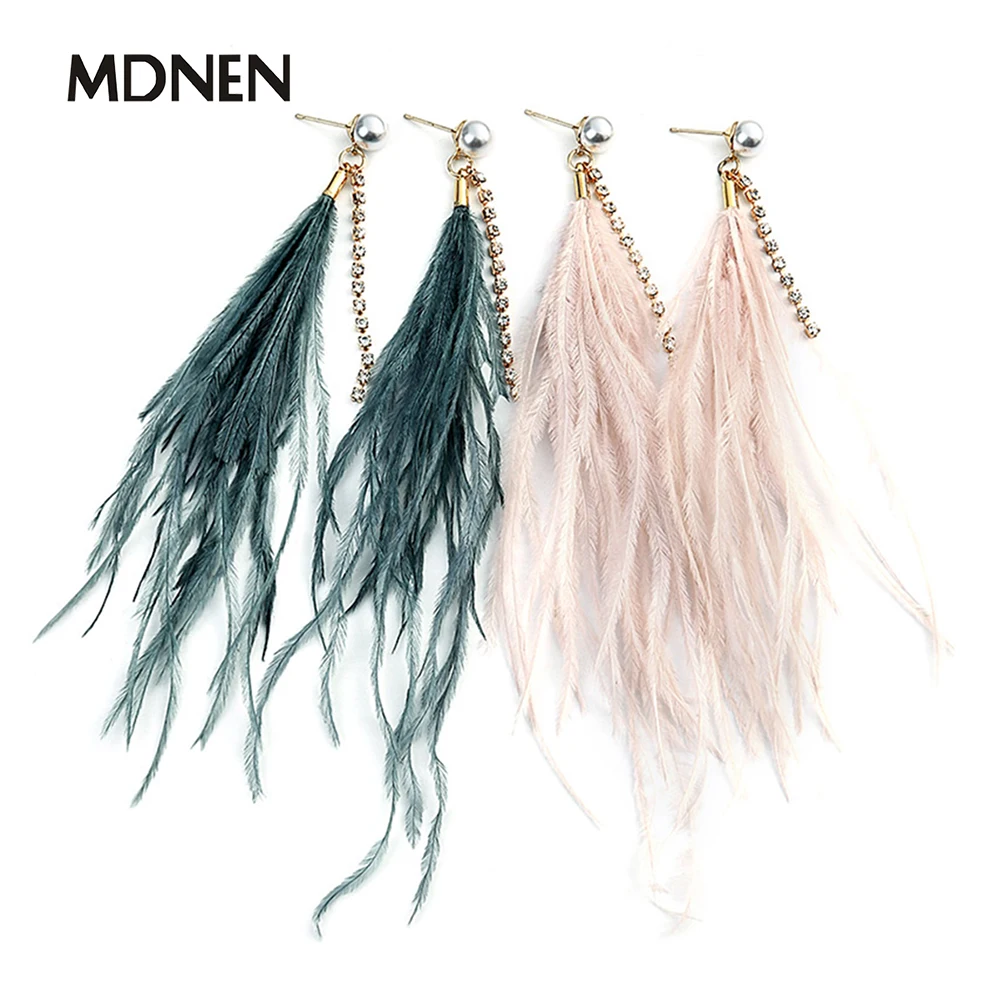 

Women Rhinestone Long Feather Earrings Drop For Party Wedding Costume Jewelry Fur Dangle Statement Earrings Handmade