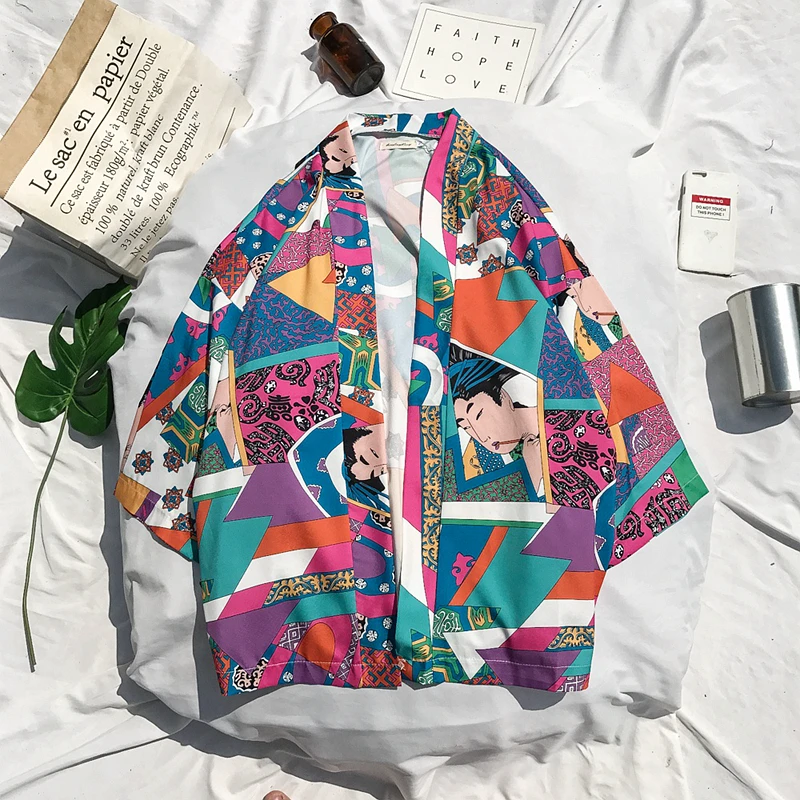 OSCN7 المطبوعة كيمونو سترة قميص الرجال الشارع 2019 كوريا كم الربع الثالث معطف قمصان Harujuku رجل قميص 8805