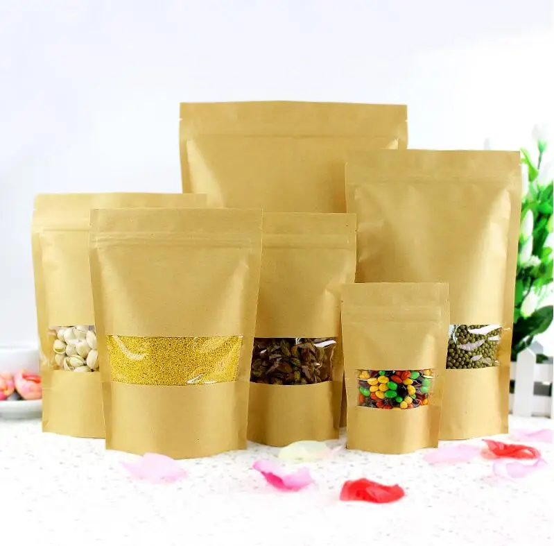 100pcs Stand Up Clear Window Brown kraft paper bags with Zipper lock
