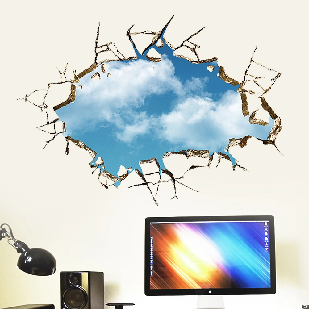 Blue Sky Clouds 3D broken Wall Sticker for Living Room Bedroom Ceiling Decoration Removable Vinyl Material Wallpaper Posters