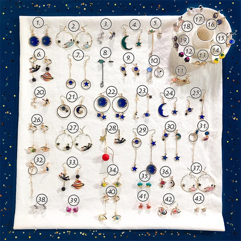 

Creative Planet Space Star Moon Astronaut Long Pendant Earrings Simple Wild Korean Fashion Asymmetric Blue Earrings Jewelry Gift