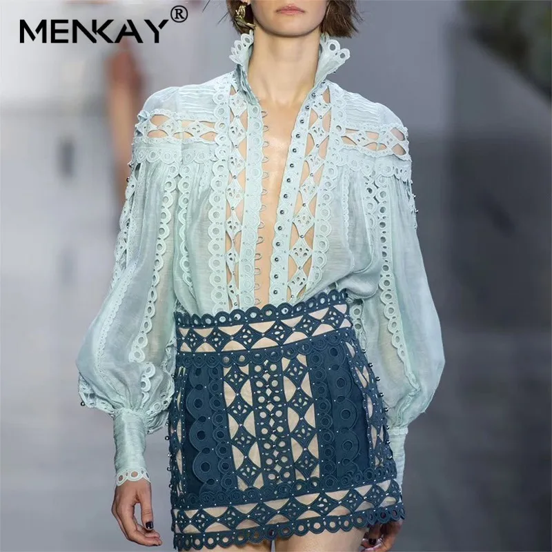 

[MENKAY] Sexy Beading Patchwork Women Blouse Stand Collar Lantern Sleeve Hollow Out Shirt Female Fashion Summer Casual Tops 2019