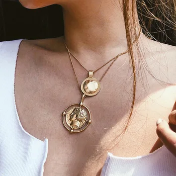 

New Vintage Gold Color Hanging Portrait Coin Chain Choker Necklaces Long Chain Double-layer For Women Necklace Jewelry