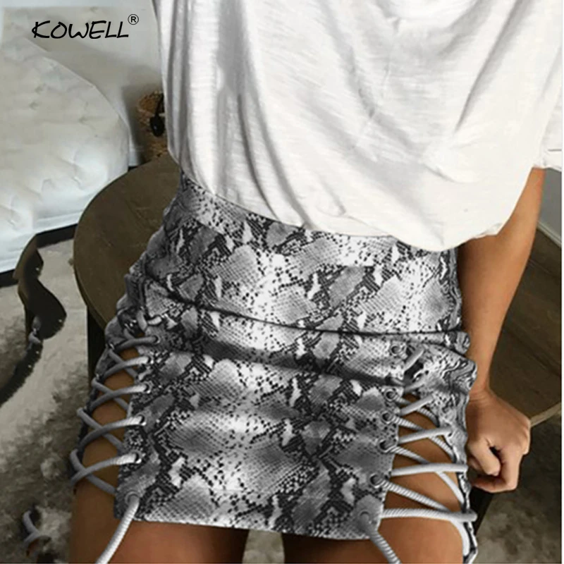 

Hot Sale Snake Skin Print Lace Up High Waist Mini Skirt Sexy Hollow Out Empire A-Line Skirts Womens Club Bandage Women Skirt