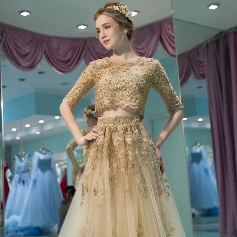 Vestido-de-Festa-2016-Elegant-O-neck-Gold-Two-Pieces-Appliques-Lace-Evening-Dress-Pageant-Gown