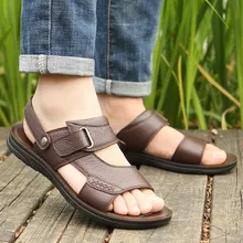 Модные летние мужские повседневные сандалии из натуральной кожи; классические пляжные мужские шлепанцы года с металлическим украшением;# G4