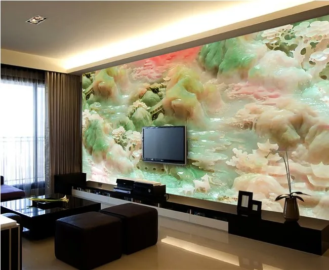 

Factory price Customized wallpaper mural Chinese pattern scenery with jade carving behind sofa as background livingroom
