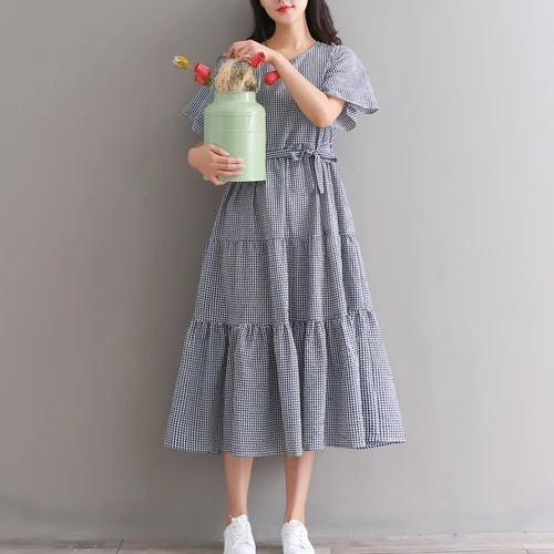 Mori Girl модные роковой ете 2018 Винтаж плед Повседневное Свободные длинное платье