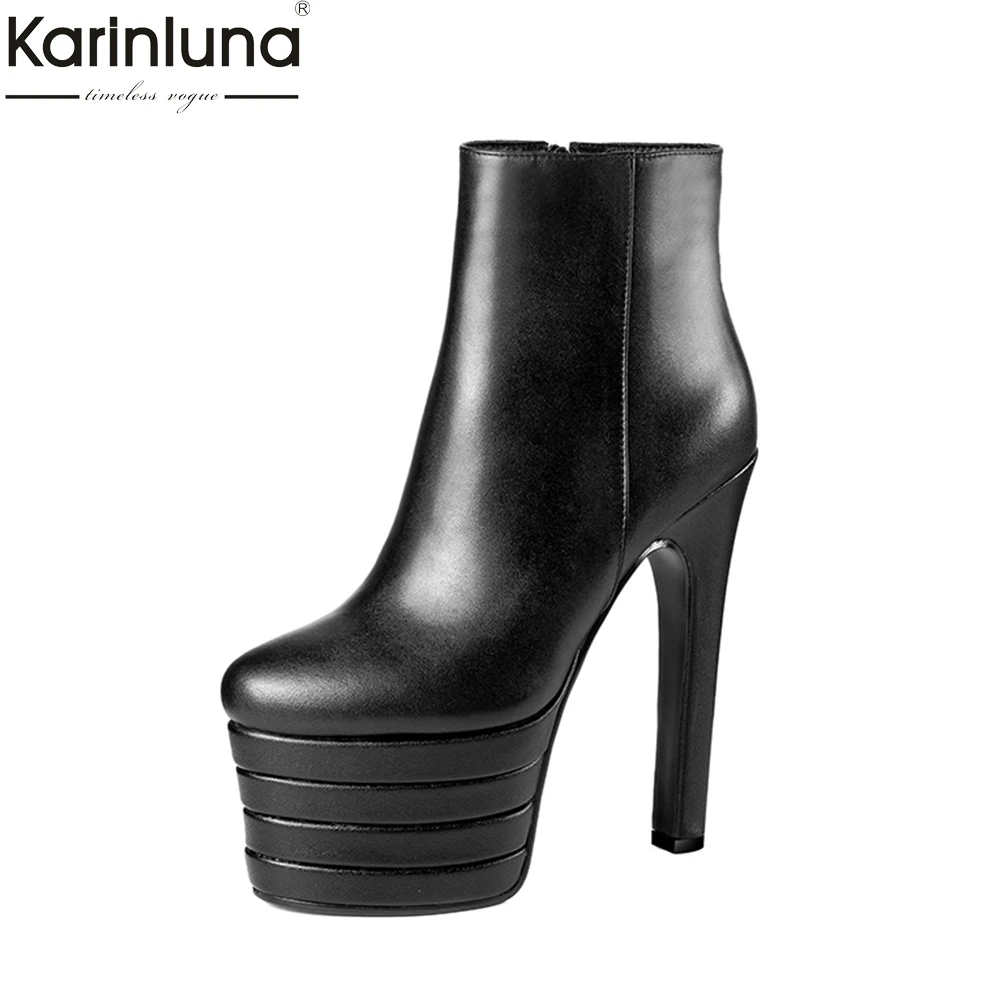 

KARINLUNA brand design cow leather platform women shoes woman fashion super high heel ankle boots genuine leather boots