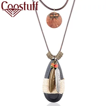 

Vintage Feathers Wooden Women Jewelry Long Necklace Layar Chokers Jewellery Suspension necklaces & pendants Choker 2020 Hotsale