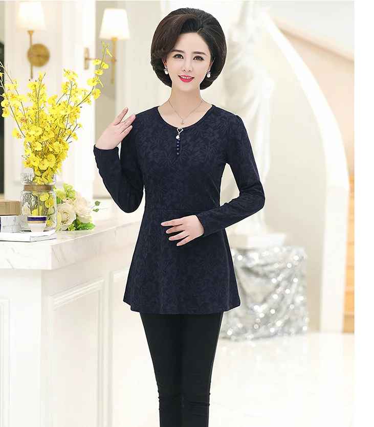 Spring New Middle-Aged Women Tops& Tees O-Neck Fashion Print Thickening Long T Shirt Women T363