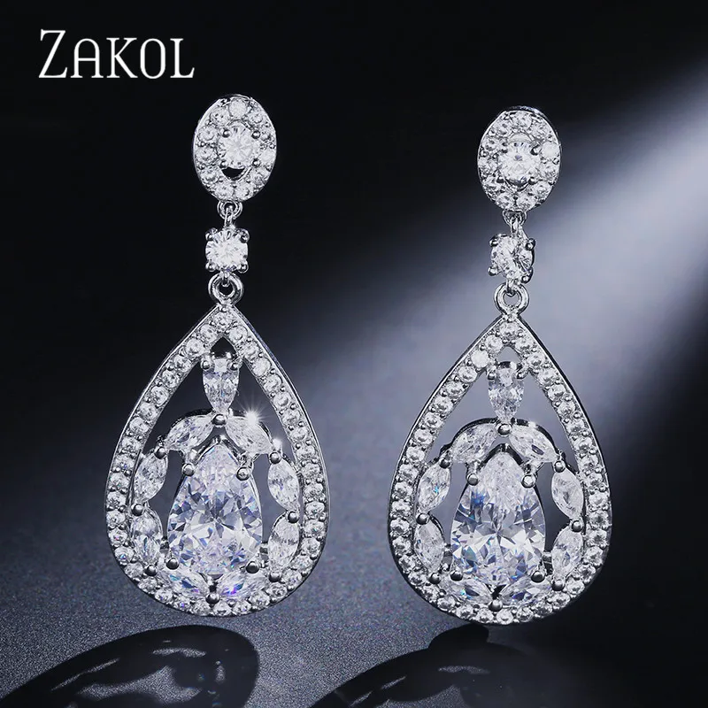 ZAKOL Classic Micro Pave AAA + CZ Stone Drop Earrings Hollow Water Drop Shape  Wedding Bridal Jewelry FSEP673