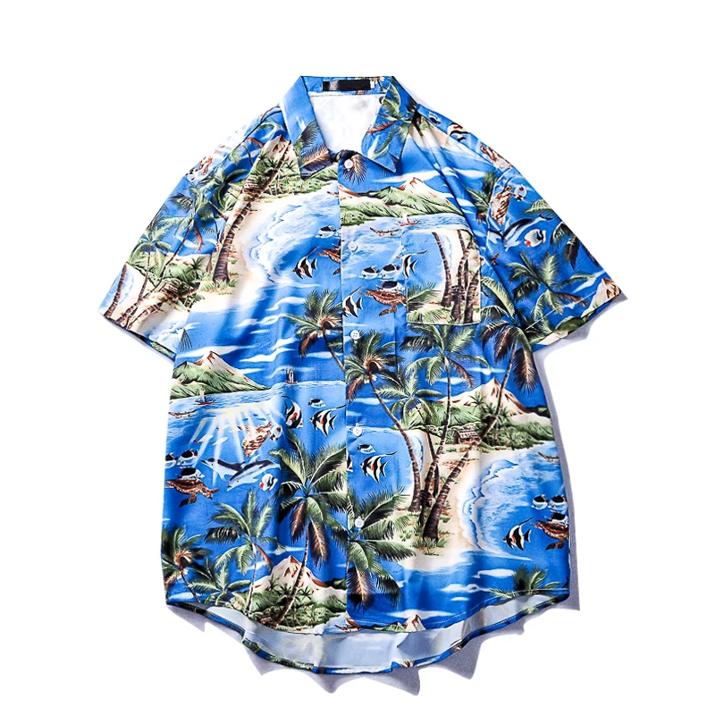 Темно-икона Гавайский стиль пляжный отдых рубашка для мужчин тропические мужские рубашки Лето Хип-хоп рубашка мужские топы - Цвет: BLUE SHIRT