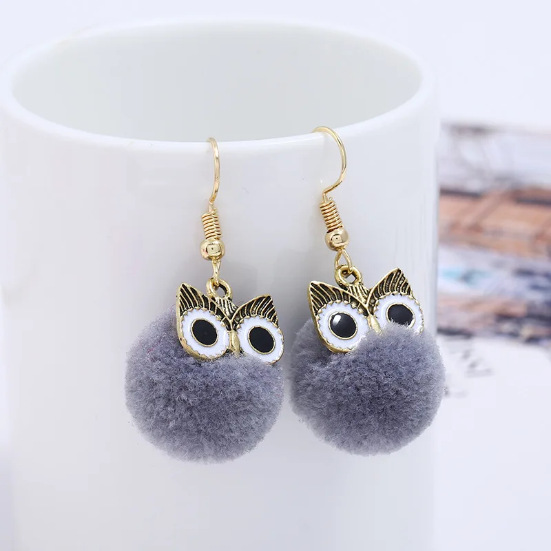 New 4 Colors Little Cute Hair Bulb Pompom cartoon Earrings fur ball Owl Earring