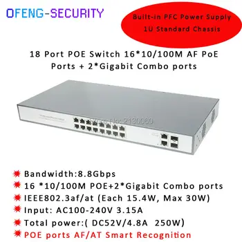 

18-Port Combo POE Switch, 16 Ports POE, 2Port 10/100/1000M combo ports, IEEE 802.3af/at, PoE output 15.4W Budget 250W
