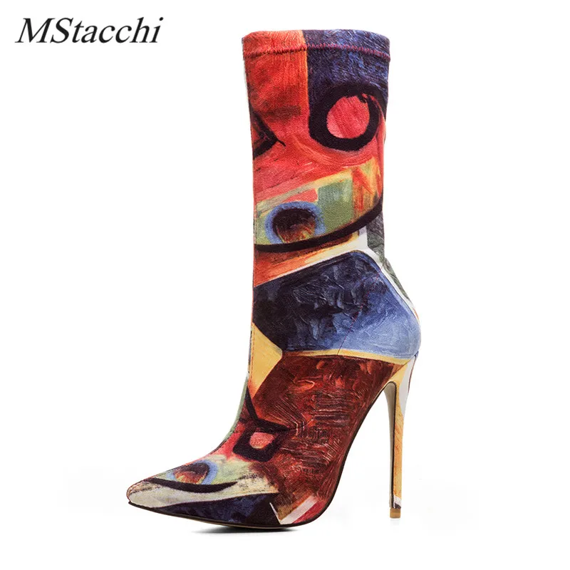 

Mstacchi New Cool Women Ankle Boots Pointed Toe Thin High Heels Boots Multi Colors Stretch Boots Shoe Woman Plush US Size 3-10.5