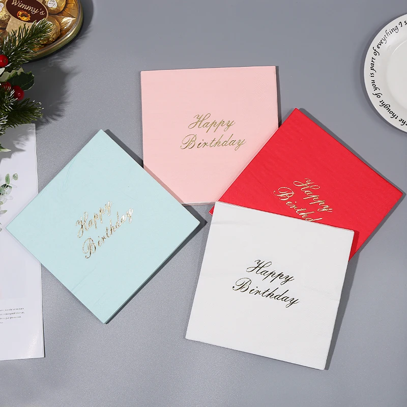 

48pcs Foil Gold Happy Birthday Napkins 33x33cm Beverage Napkins Pink Blue White Red with Foil Gold Serviette for Table Decor