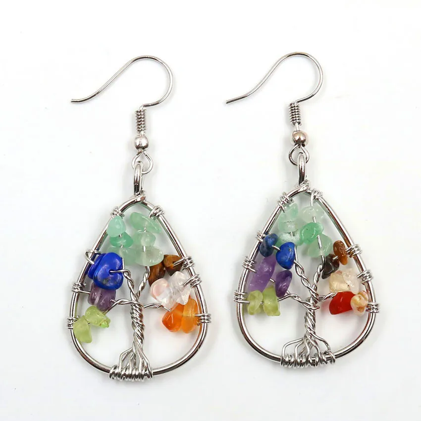 

FYJS Unique Silver Plated Wire Wrap Tree of Life Water Drop Earrings Rainbow Stone Healing Chakra Jewelry