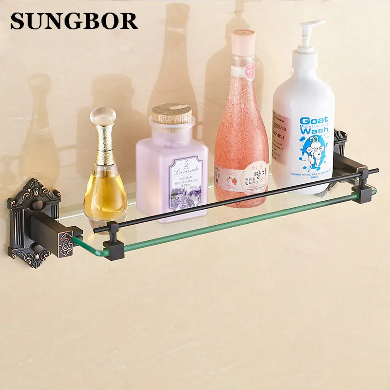 Luxury Carving Antique Single Tier Bathroom Glass Shelf Wall Mounted