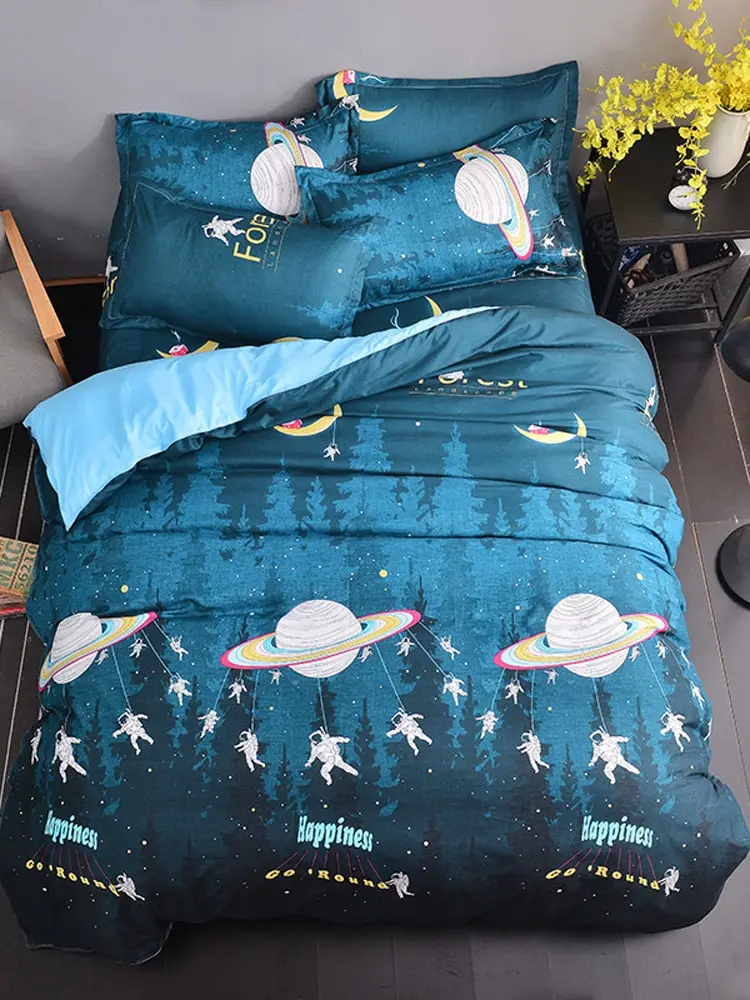 

4Pcs Bed Sheet Set Brief Style Cute Spaceship Pattern Comfy Bedding Set