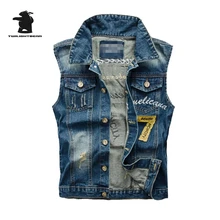 Marke Neuen männer Denim Weste Designer Mode Stickerei Retro Loch Hohe Qualität Plus Größe Beiläufige Weste Männer M ~ 5XL CC4E3860