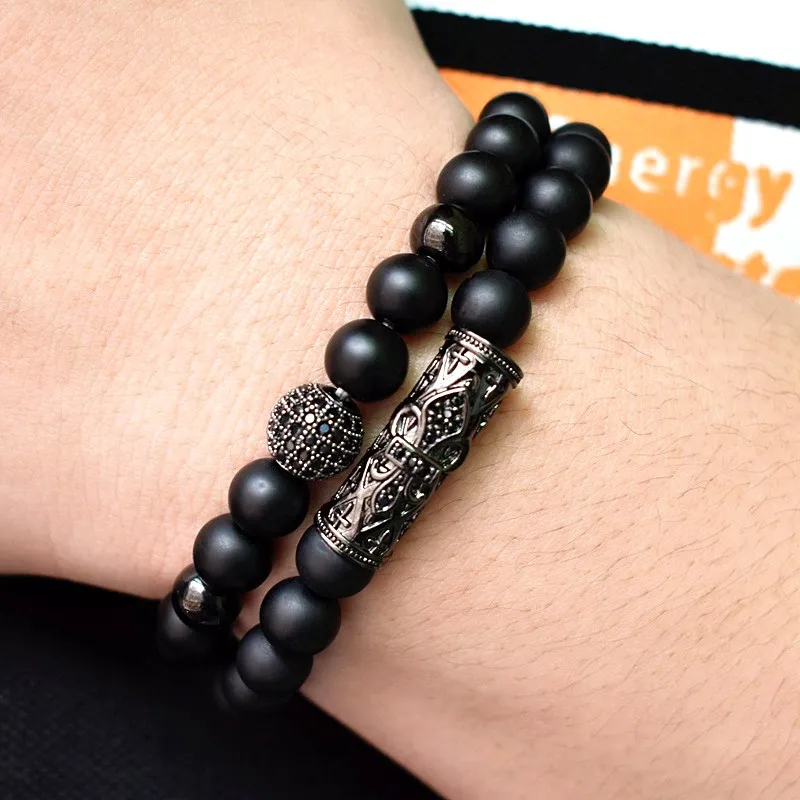 

2Pc/set Natural Stone Bracelet Men Couple CZ 8mm Disco Ball Charms Bracelets For Women Men Jewelry Viking Bijoux