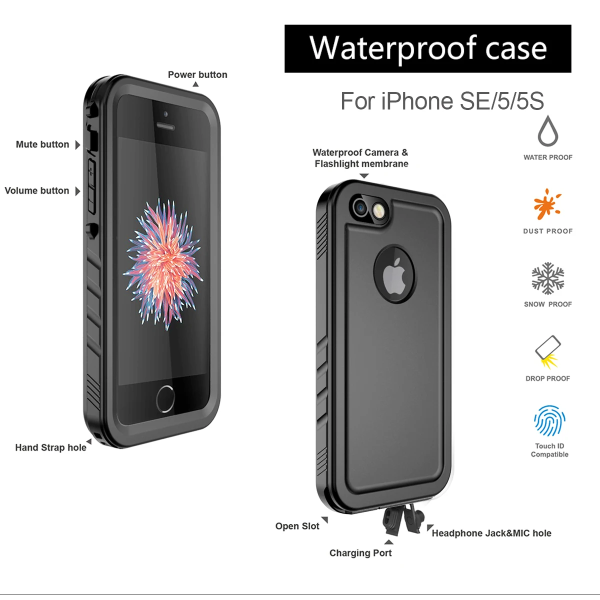 

For iPhone 5 5S SE Waterproof Case, Underwater Snowproof Dirtproof Shockproof Touch ID Full Sealed Cover