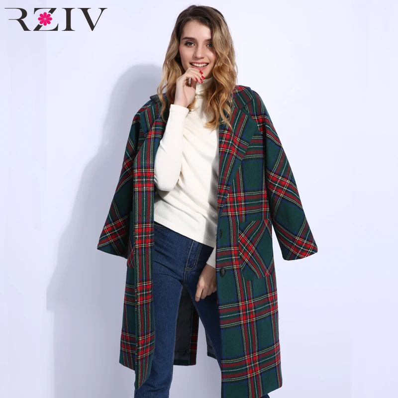 

RZIV Winter long coat Women casual plaid coat pocket decoration loose oversized coat