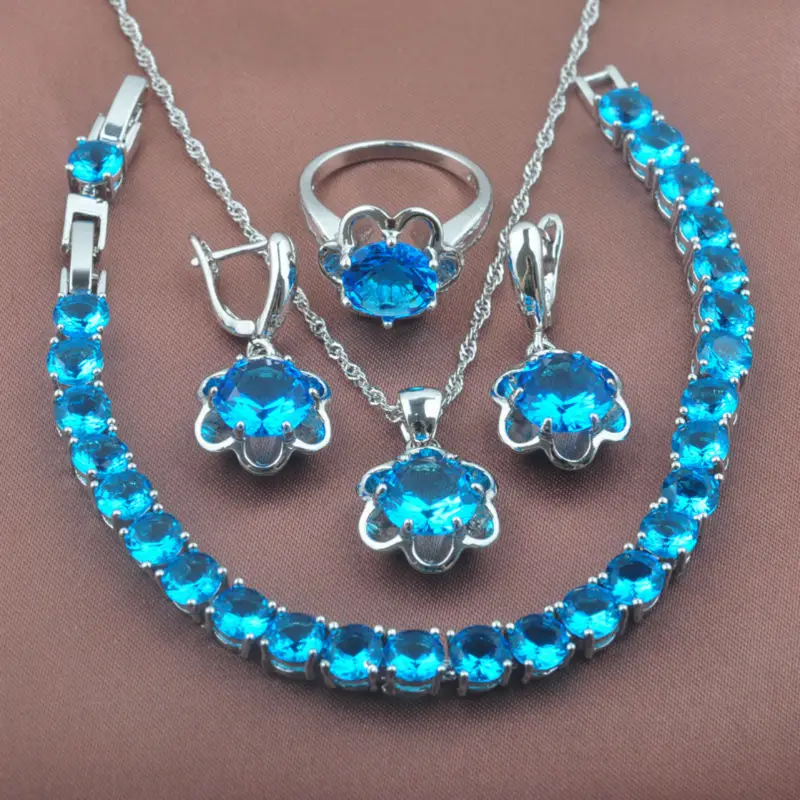 

Flower Design Sky Blue Zirconia Women's 925 Sterling Silver Crystal Jewelry Sets Bracelet Necklace Pendant Earrings Ring YZ0134