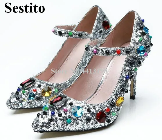 

Rhinestone Sequin Pointed Toe Women Shoes Fashion Party Button Pumps Stiletto Heel Cover Heel Shallow Spring/Autumn Women Shoes