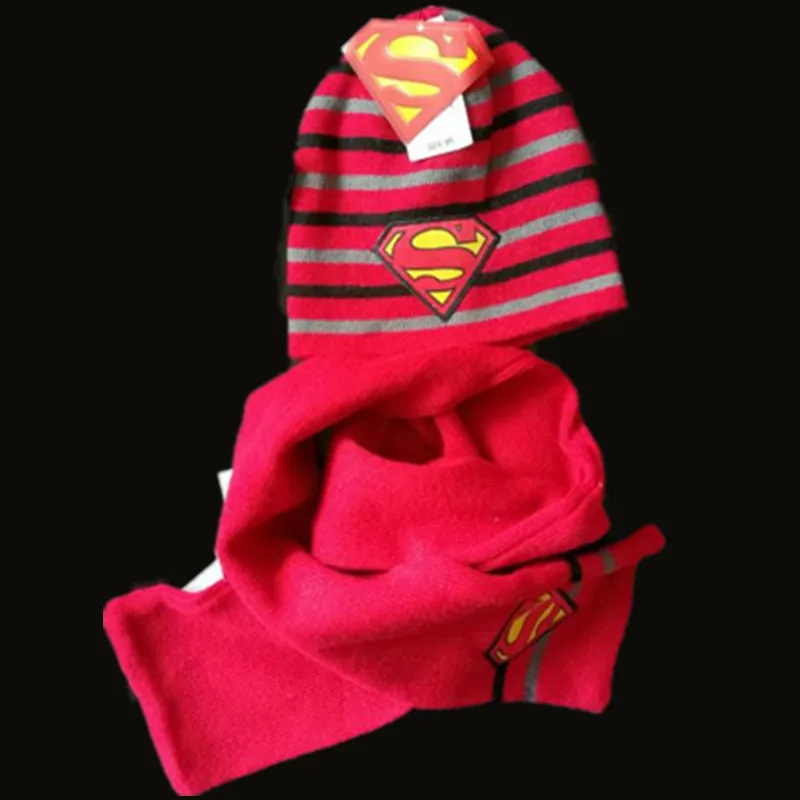 Детская зимняя теплая шапка со знаком СУПЕРМЕНА для малышей, шапка Девочки Мальчики+ шапочки с шарфами, милый детский мультфильм