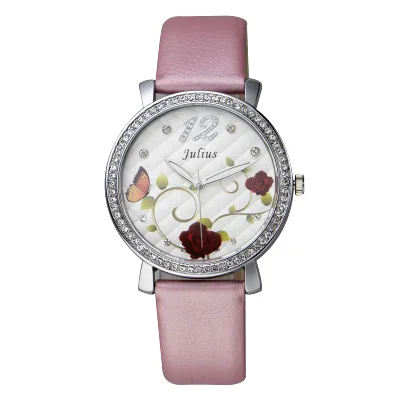 Цветок розы Япония Кварцевые женские часы элегантный решетки Мода час браслет кожа часы девушки подарок на день рождения Julius Box - Цвет: Розовый