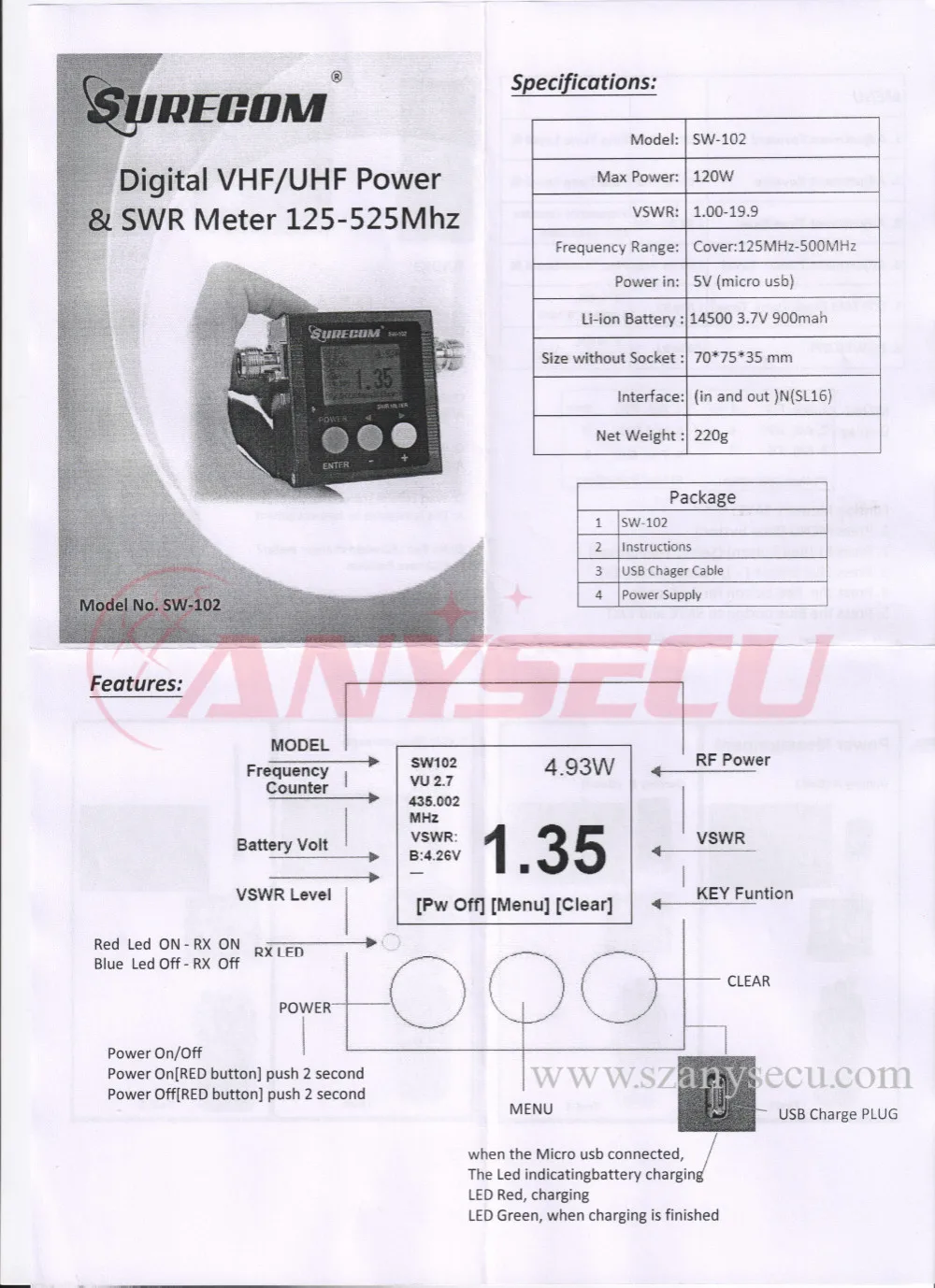 SURECOM SW-102 с тремя адаптерами 125-520 МГц цифровой VHF/UHF измеритель мощности и КСВ для автомобильного радио и хендхэнд радио SW102