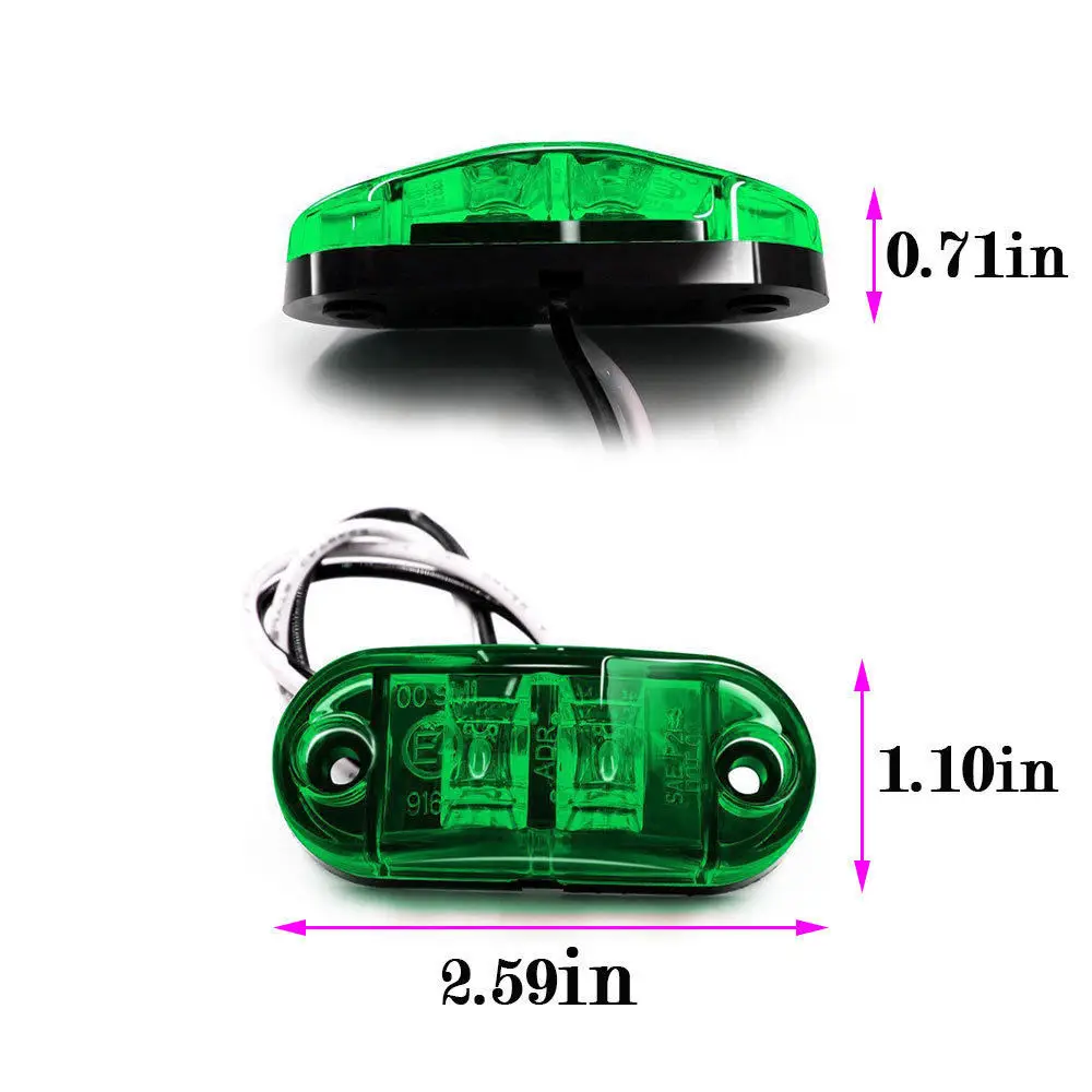 Fuleem 10 шт. зеленый светодиодный 2,5 дюймов 2 диод светлый овал клиренса прицепа грузовика светодиодный Авто Боковой габаритный фонарь 12 V 24 V Водонепроницаемый