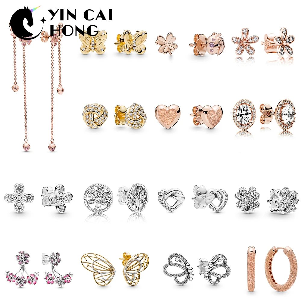 

YCH 100% 925 Sterling Silver Butterflies Four-Leaf Clover and Ladybird Trees of Life Knotted Hearts Peach blossom Earring
