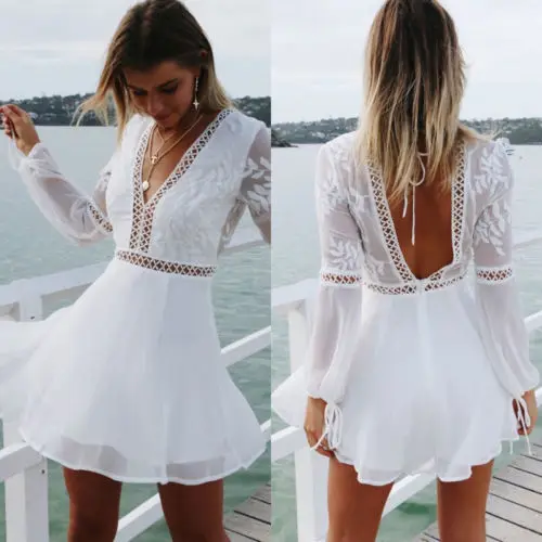 

Women Boho V Neck Long Sleeve Backless Dress Pure White Party Summer Beach Mini Sundress Sexy Dress