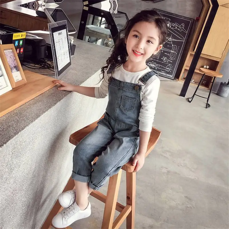 

2019 New Fashion Spring Autumn Jeans Overalls Children Solid Strap Denim Jumpsuit Kids Girls Button Casual Clothing Pants W33