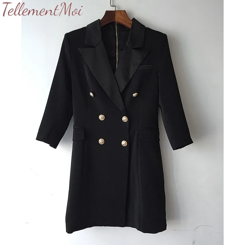 Classic Double Breasted Women's Suit Dress V Neck Long Sleeve Formal Office Lady Pocket Coat Black Jacket Outwear Blazer Dress
