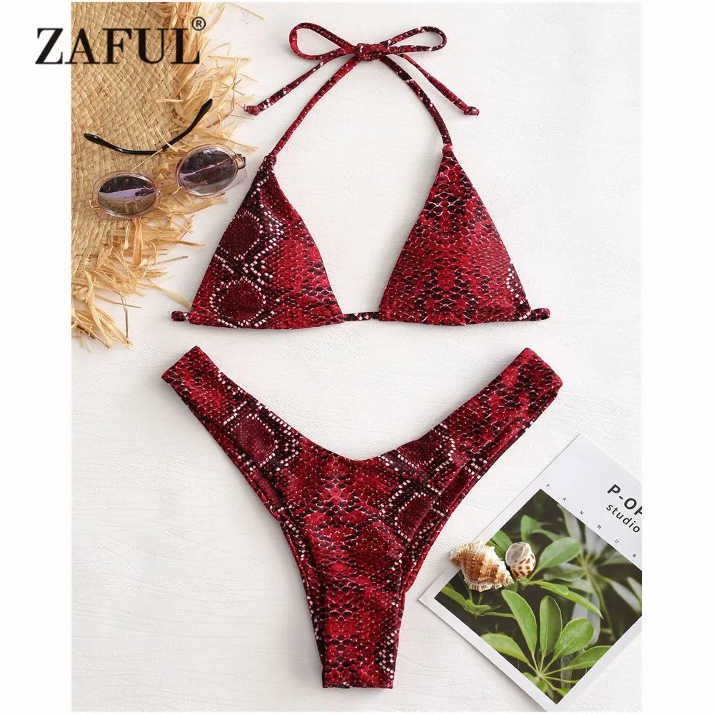 ZAFUL Snakeskin Bikini Swimwear Women High Cut Swimsuit Sexy Halter Thong Bikini Bikini Set Padded V-Neck Biquni Bathing Suit