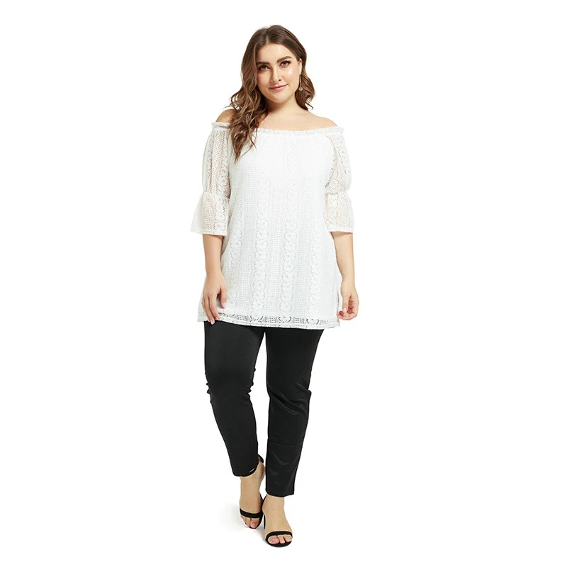 

WHZHM Summer Lace Plus Size 3XL Tshirt Women Floral White Slash Neck Long Length Loose Sexy Tops Office Flower tshirt Femme