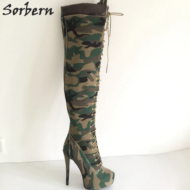 Sorbern камуфляж выше колена женские сапоги высокие холщовые Bota Feminina очень высокие каблуки обувь на платформе для женщин Зимний стиль
